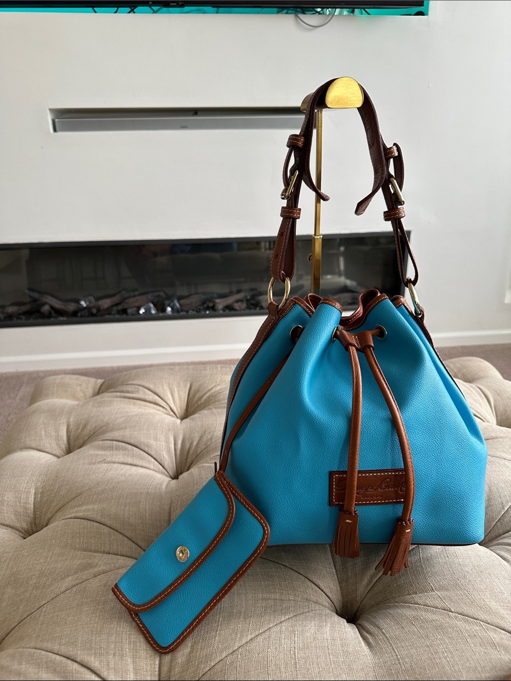 Dooney & Bourke Turquoise Drawstring Bucket Bag with Brown Trim
